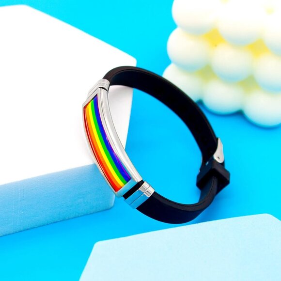 Fashionable Rubber and Stainless Steel Rainbow Bracelet - Multi-Occasion Wear - Picture 7 of 7